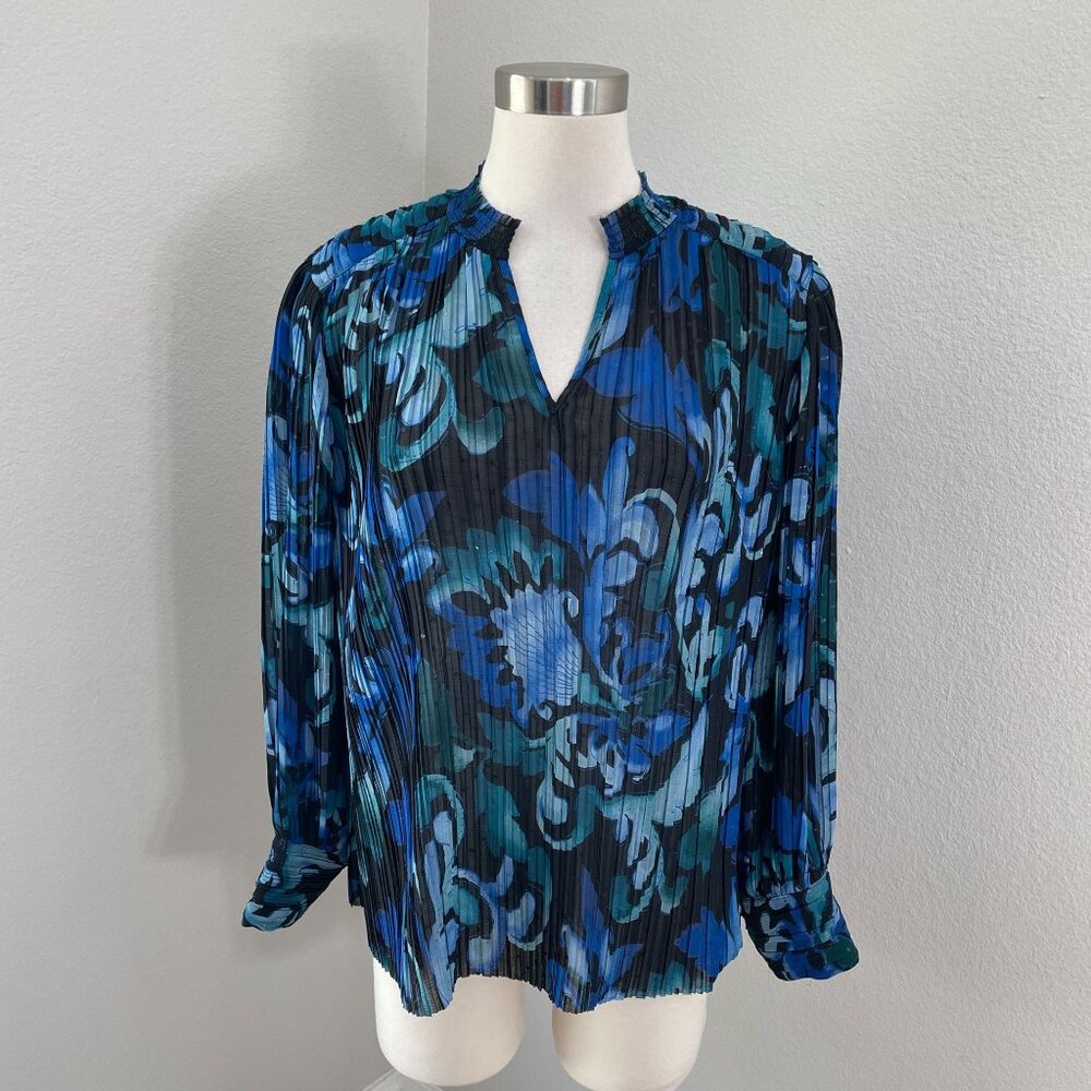 Chicos Womens 12 Scroll Print Pleated Shirt Blue Black Accordian Blouse